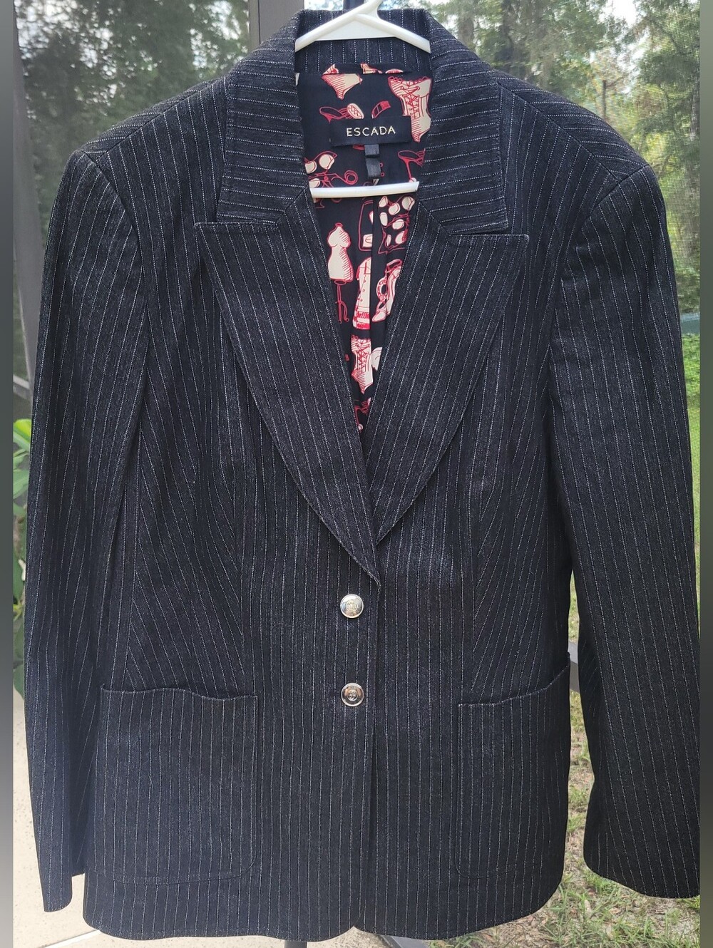 ESCADA Blazer 44 Pinstripe 100% Silk Novelty Print Lining Designer Jacket